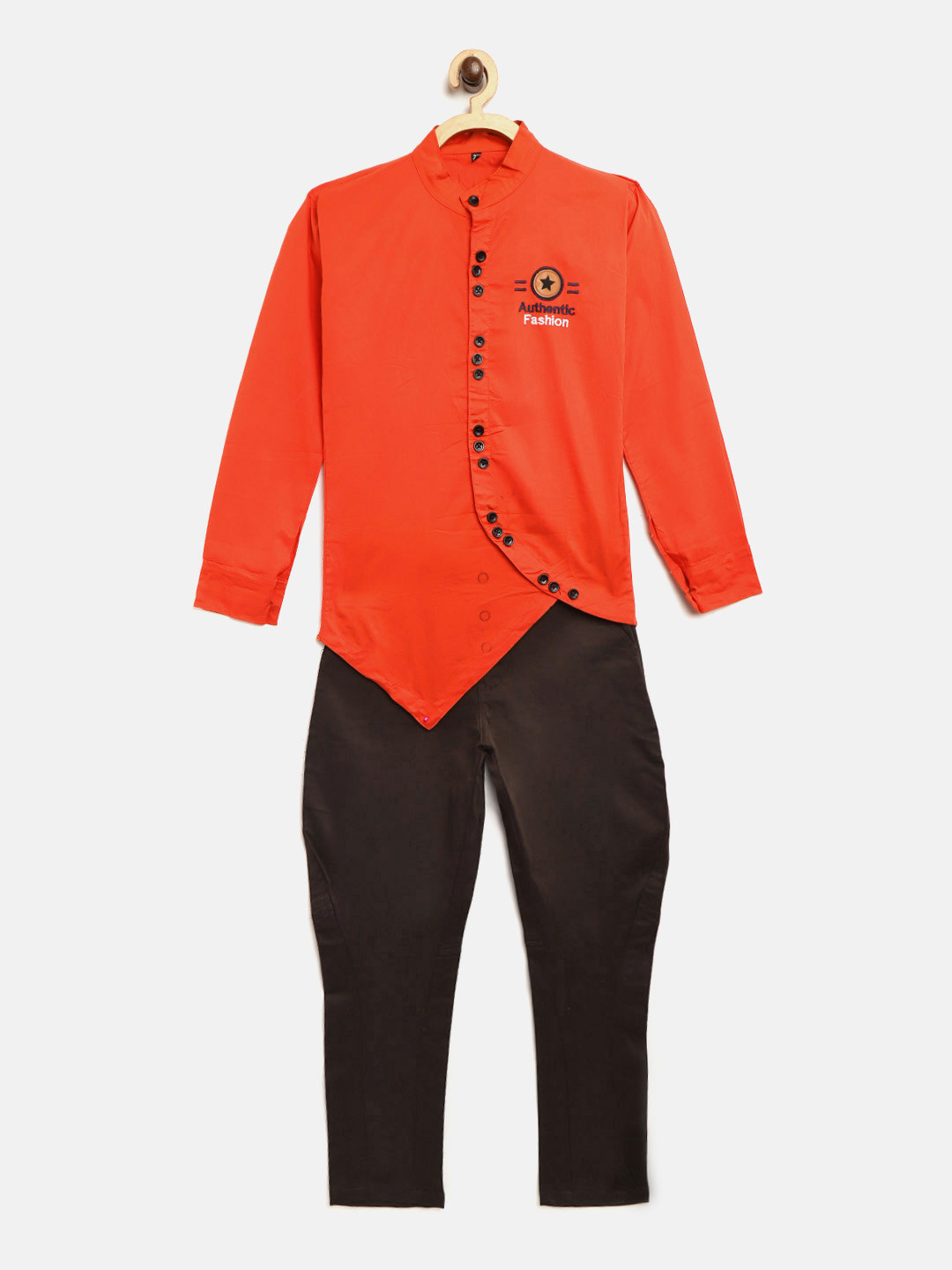 AD & AV Boys Coral Red & Coffee Brown Solid Asymmetric Shirt with Trousers