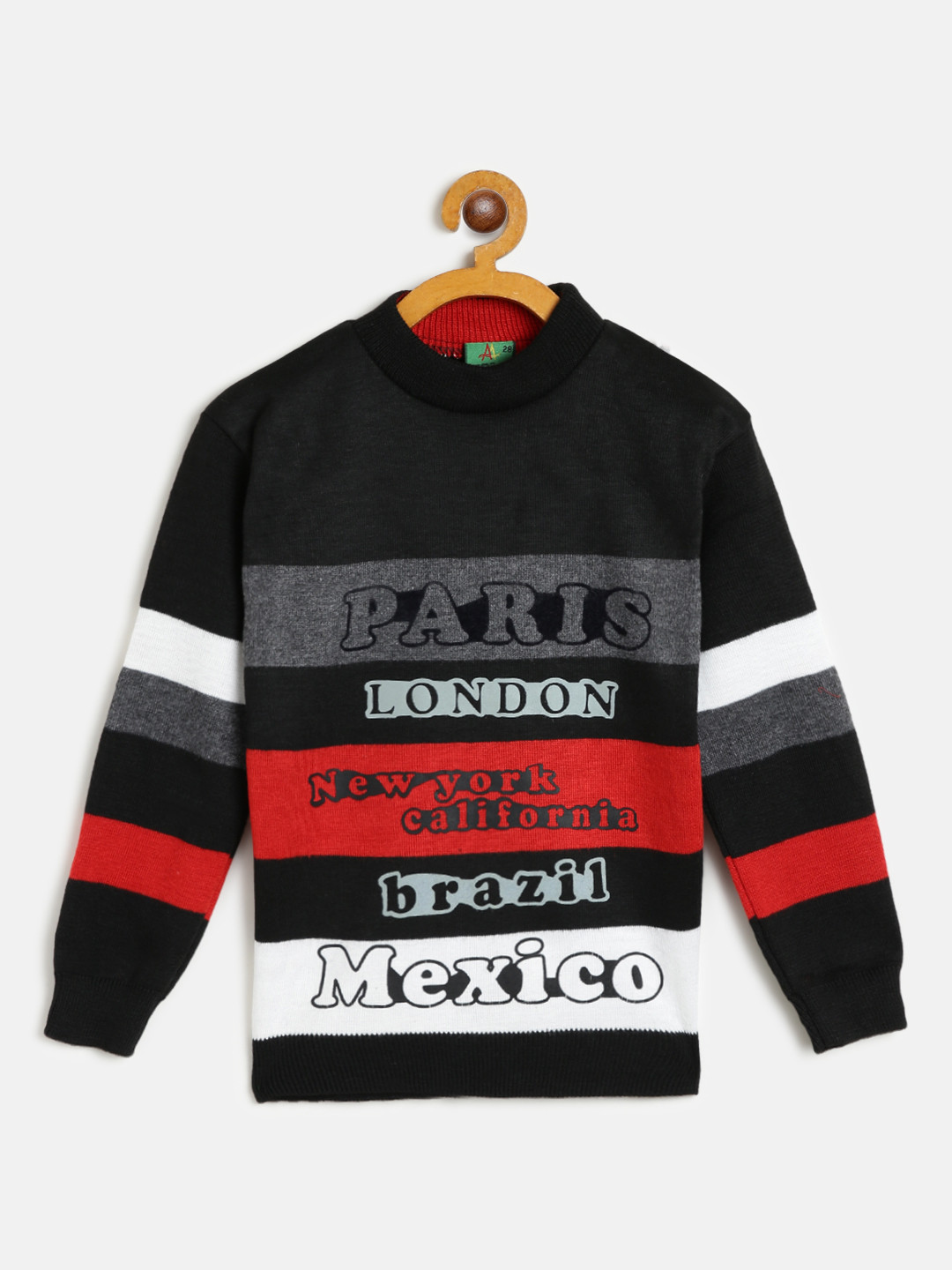 AD & AV Boys Black & Red Woollen Typography Print & Striped Pullover