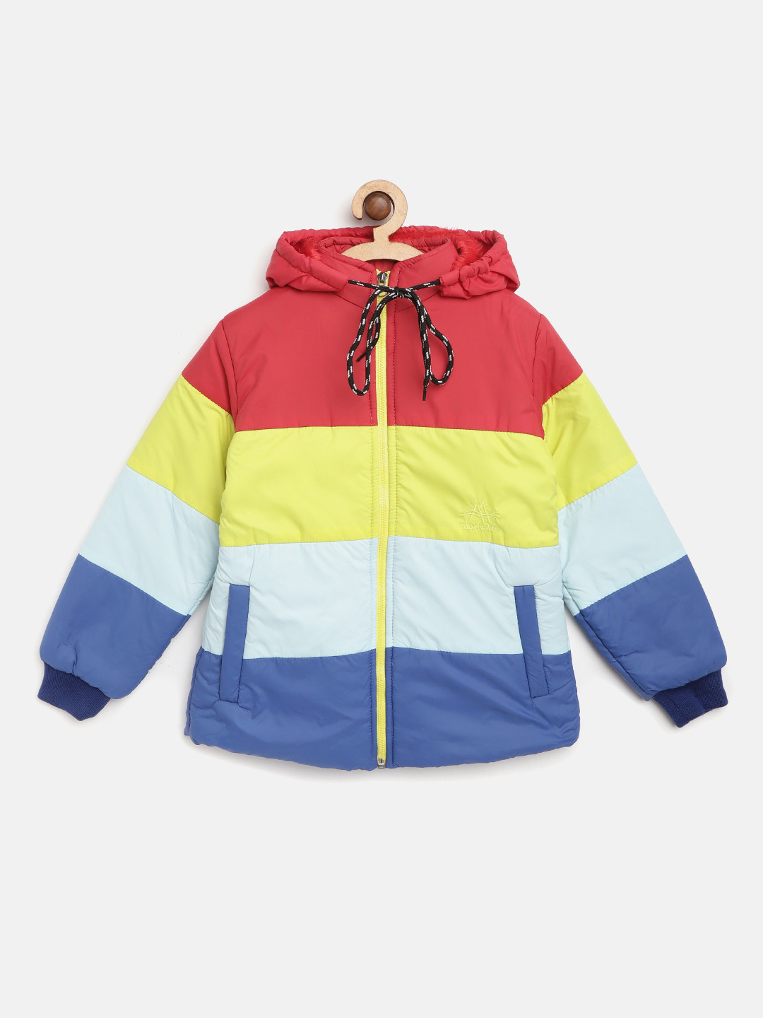 AD & AV Girls Red & Yellow Colourblocked Padded Jacket with Detachable Hood