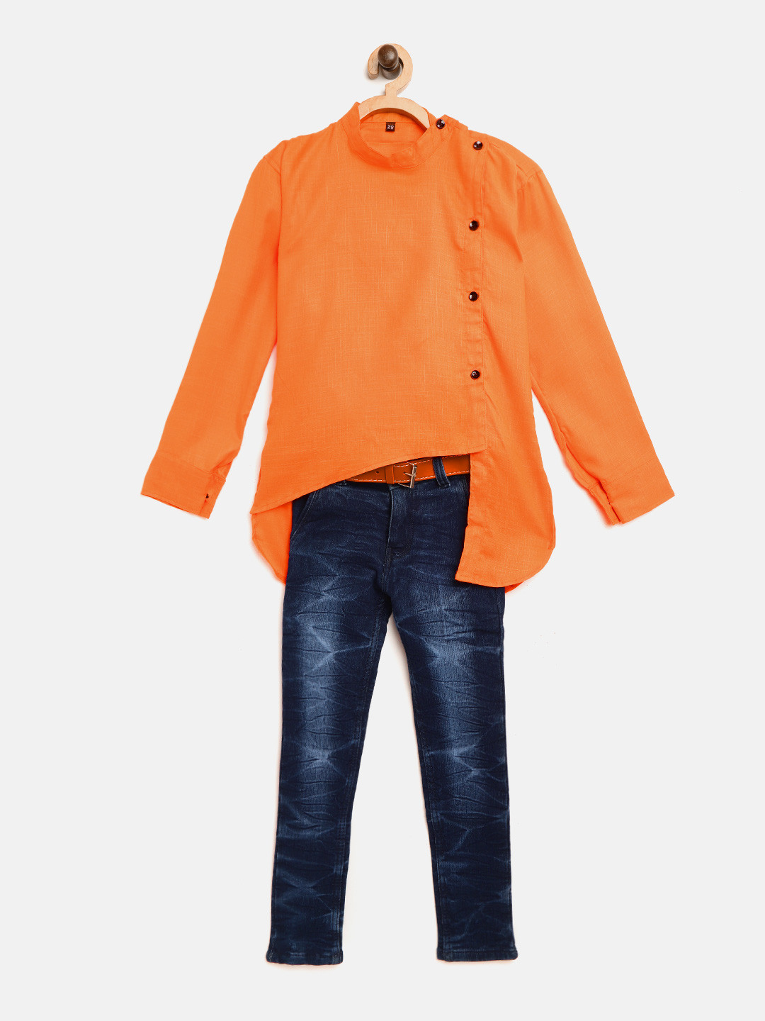 AD & AV Boys Orange & Navy Blue Solid Asymmetric Angrakha Kurta with Jeans
