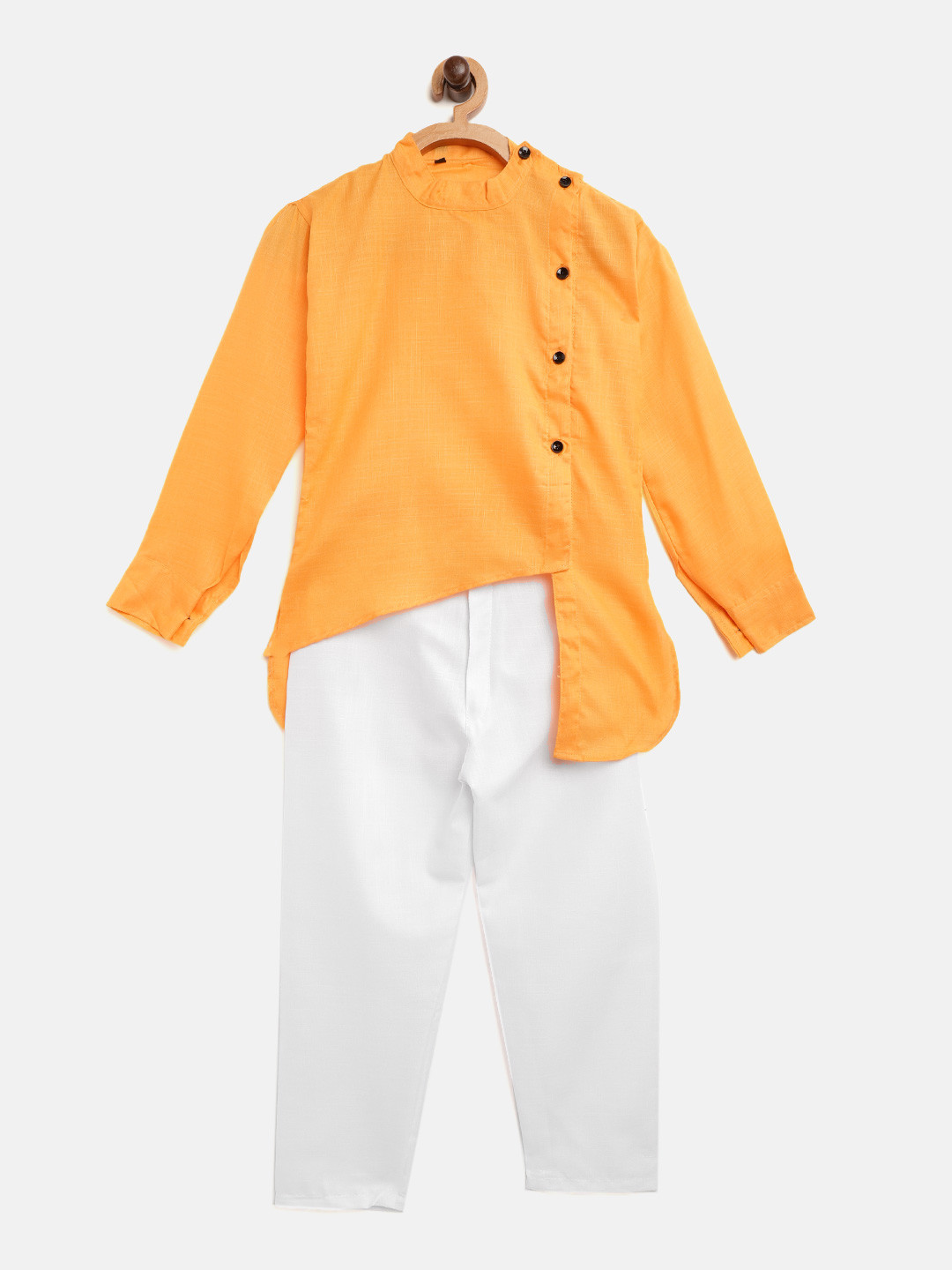 AD & AV Boys Yellow & White Solid Asymmetric Angrakha Kurta with Pyjamas