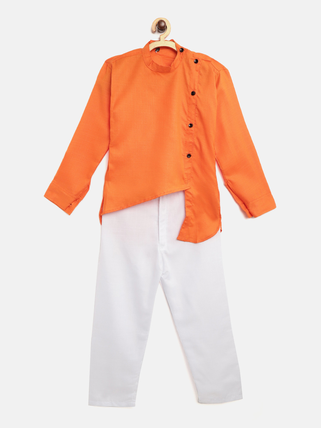 AD & AV Boys Orange & White Solid Asymmetric Angrakha Kurta with Pyjamas