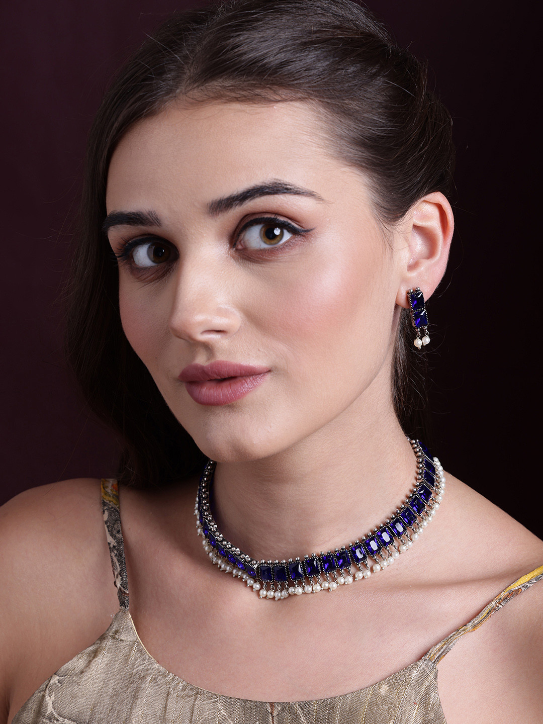 PANASH Oxidised Silver-Plated White & Blue Stone-Studded Beaded Handcrafted Jewellery Set