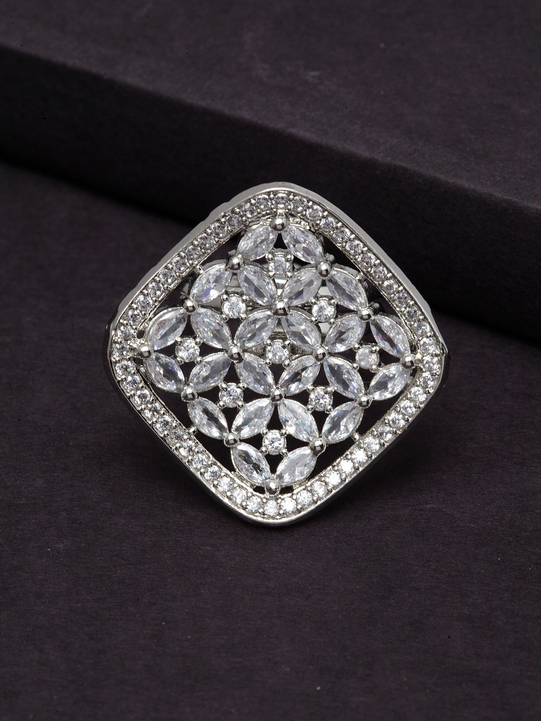 PANASH Rhodium-Plated Silver-Toned Solitaire AD-Studded Handcrafted Adjustable Finger Ring