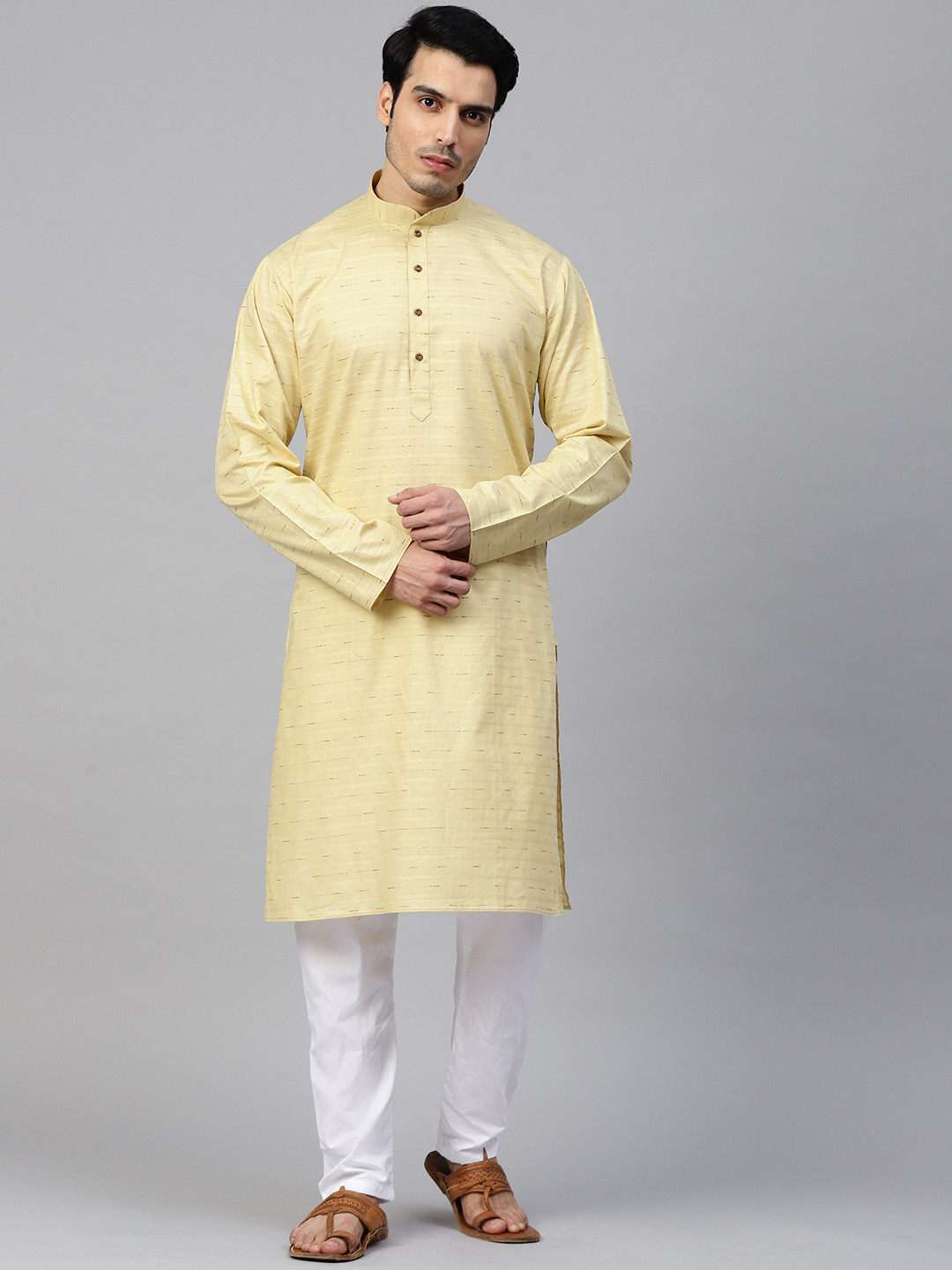 MANQ Men Beige & White Self Design Kurta with Pyjamas