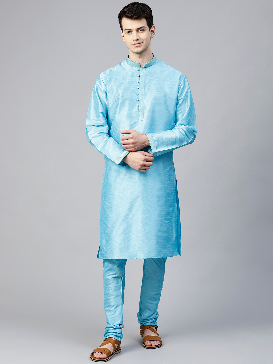 MANQ Men Turquoise Blue Self Design Kurta with Churidar