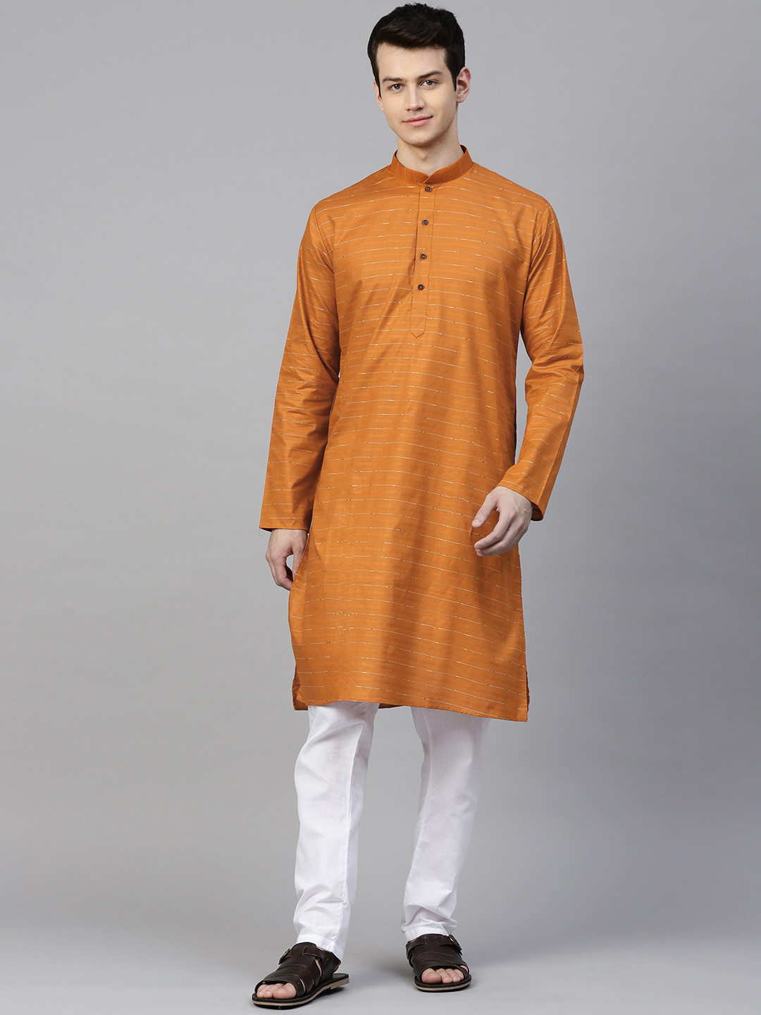 MANQ Men Rust Orange & White Self Striped Kurta with Pyjamas