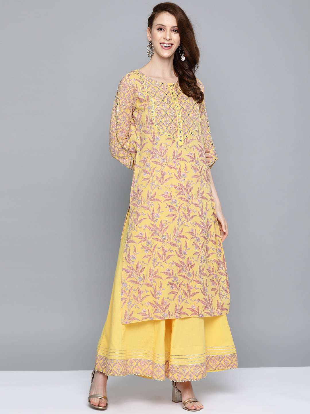 HERE&NOW Women Yellow & Pink Floral Print Kurta with Palazzos