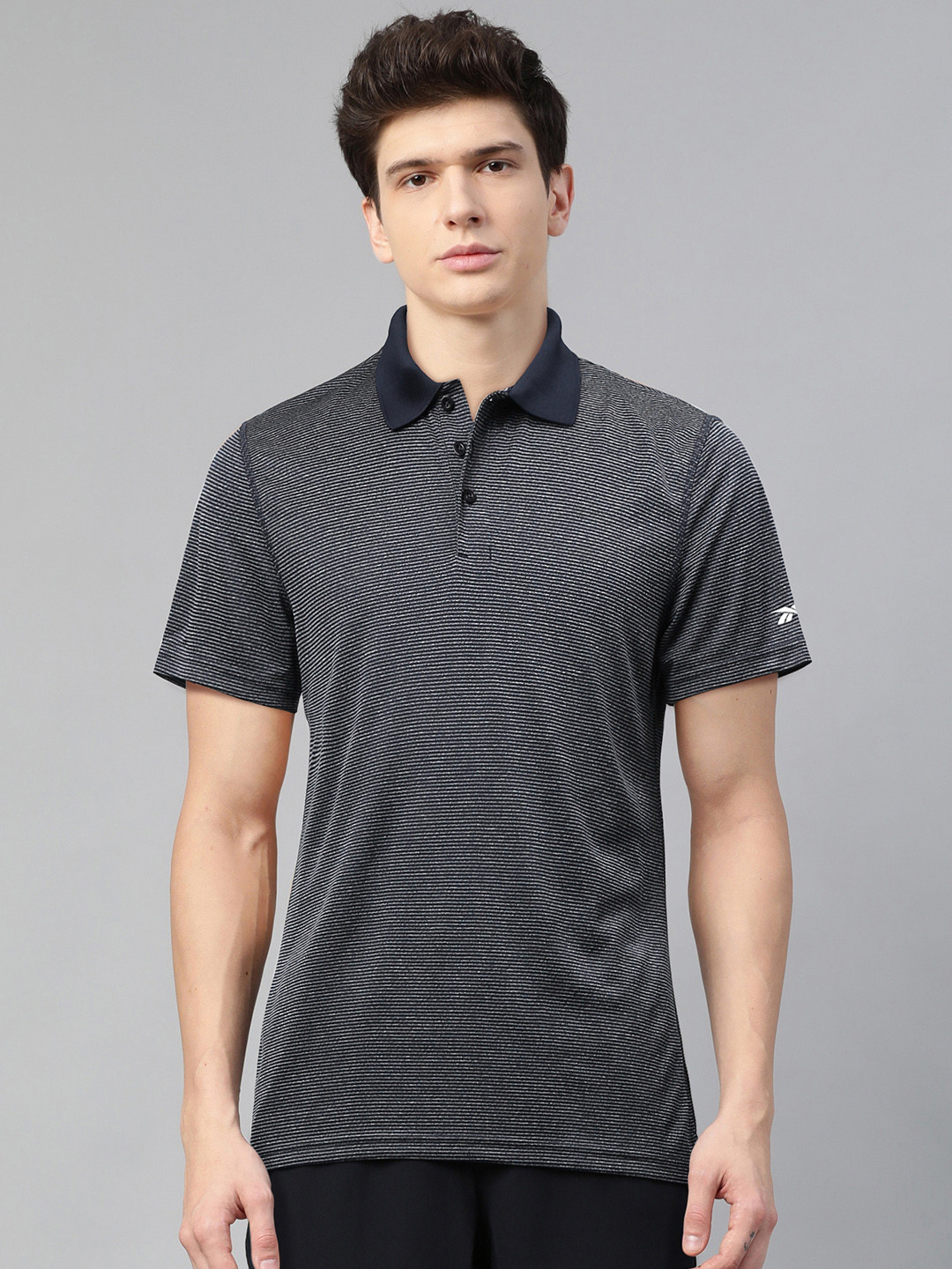 Reebok Men Navy Blue & Off-White Striped Polo Collar Workout Ready Training T-shirt