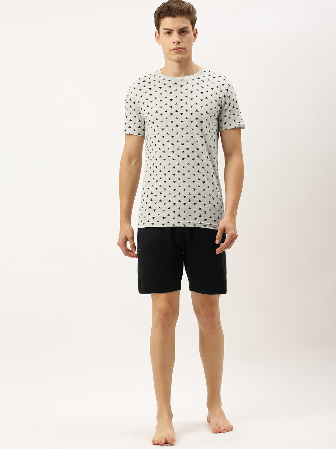 Peter England Casuals Men Grey & Black Printed T-shirt with Shorts