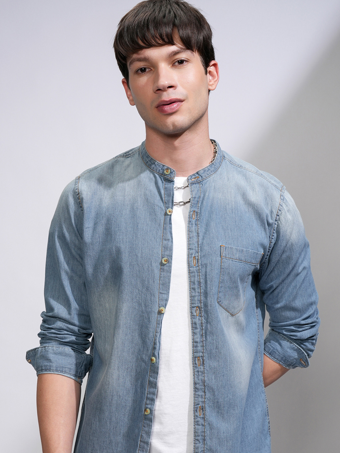 Mens Denim Denim Chinese Collar Shirts Ice Blue Chinese Collar