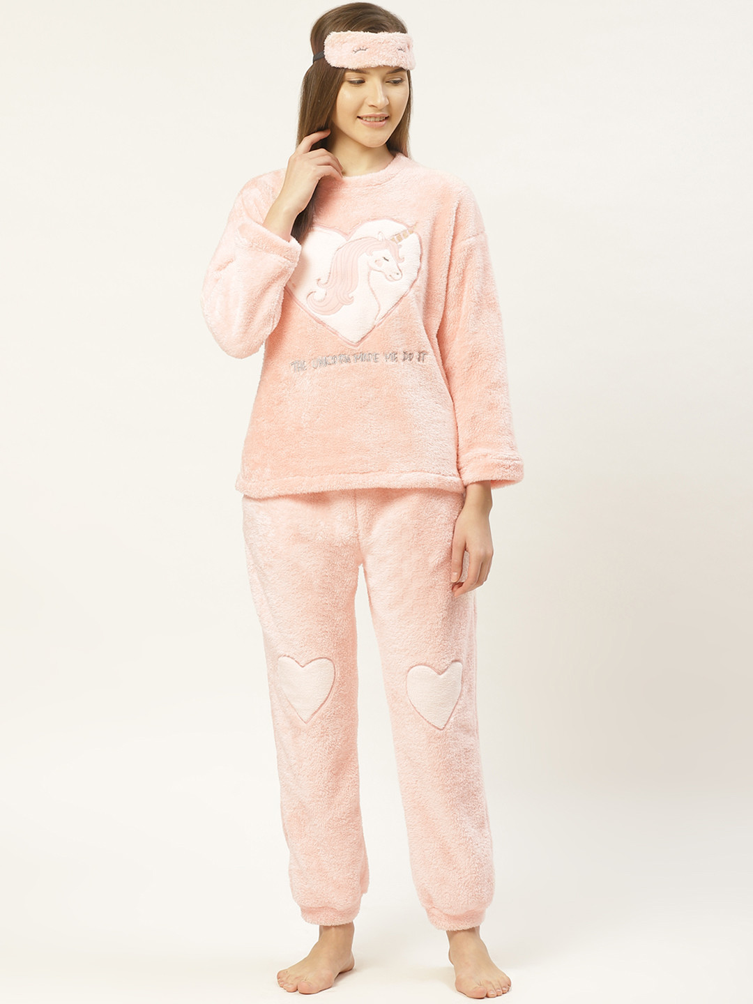 LILL Women Peach-Coloured Unicorn Pattern Fleece Winter Night Suit with Eye Mask