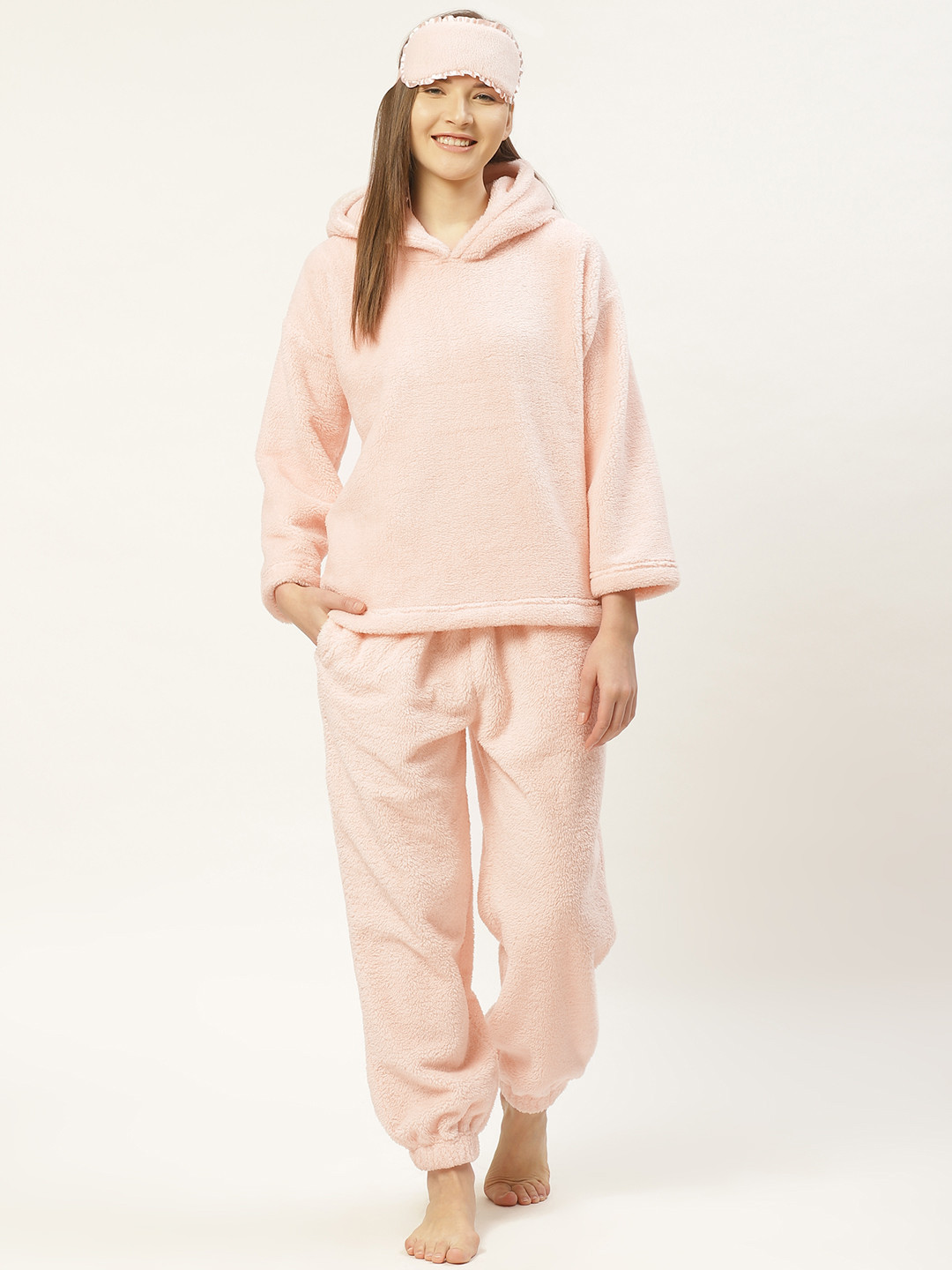 LILL Women Peach-Coloured Solid Fleece Hooded Winter Night Suit with Eye Mask