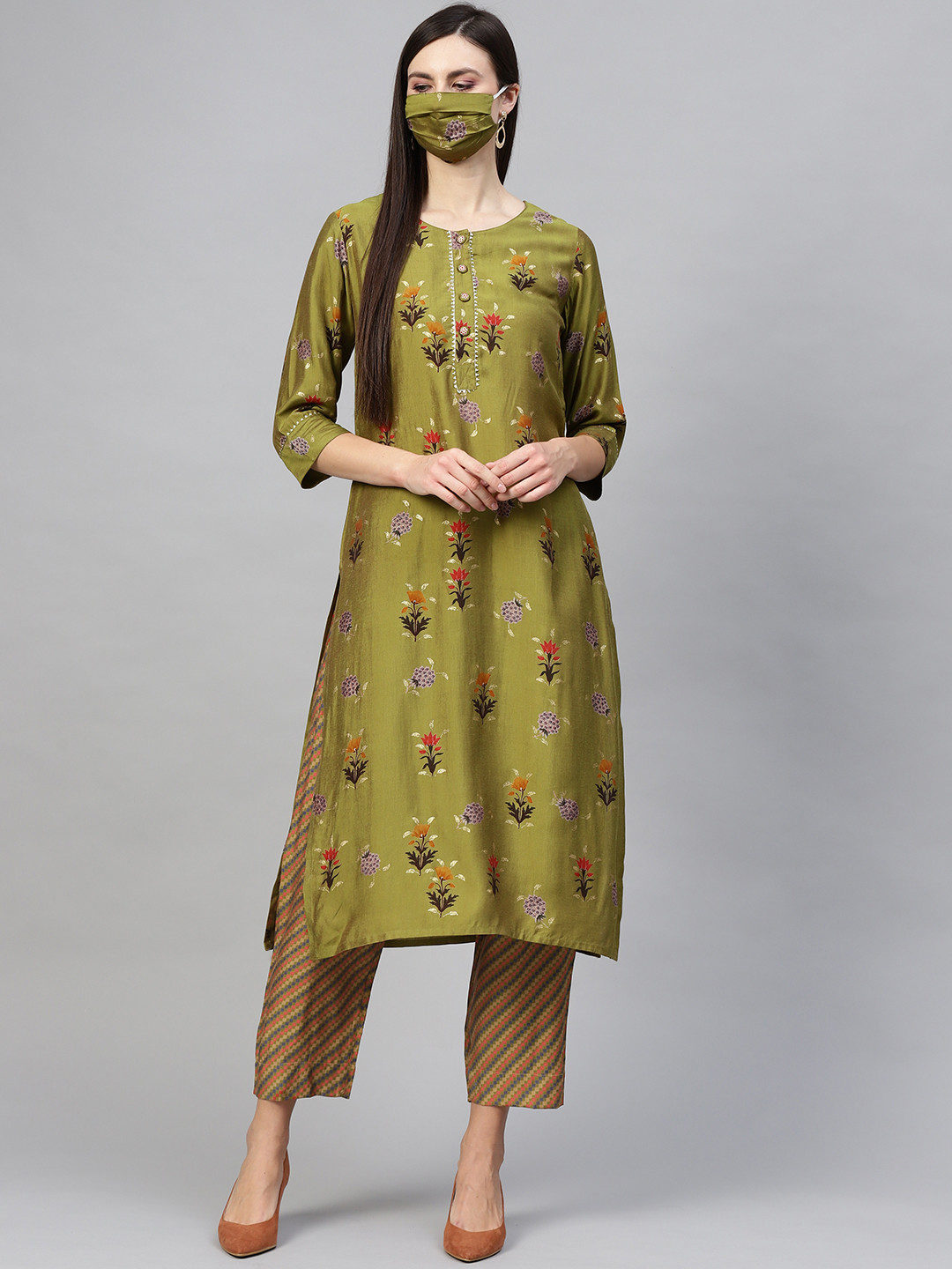 Cayman Women Olive Green  Beige Printed Kurta with Trousers