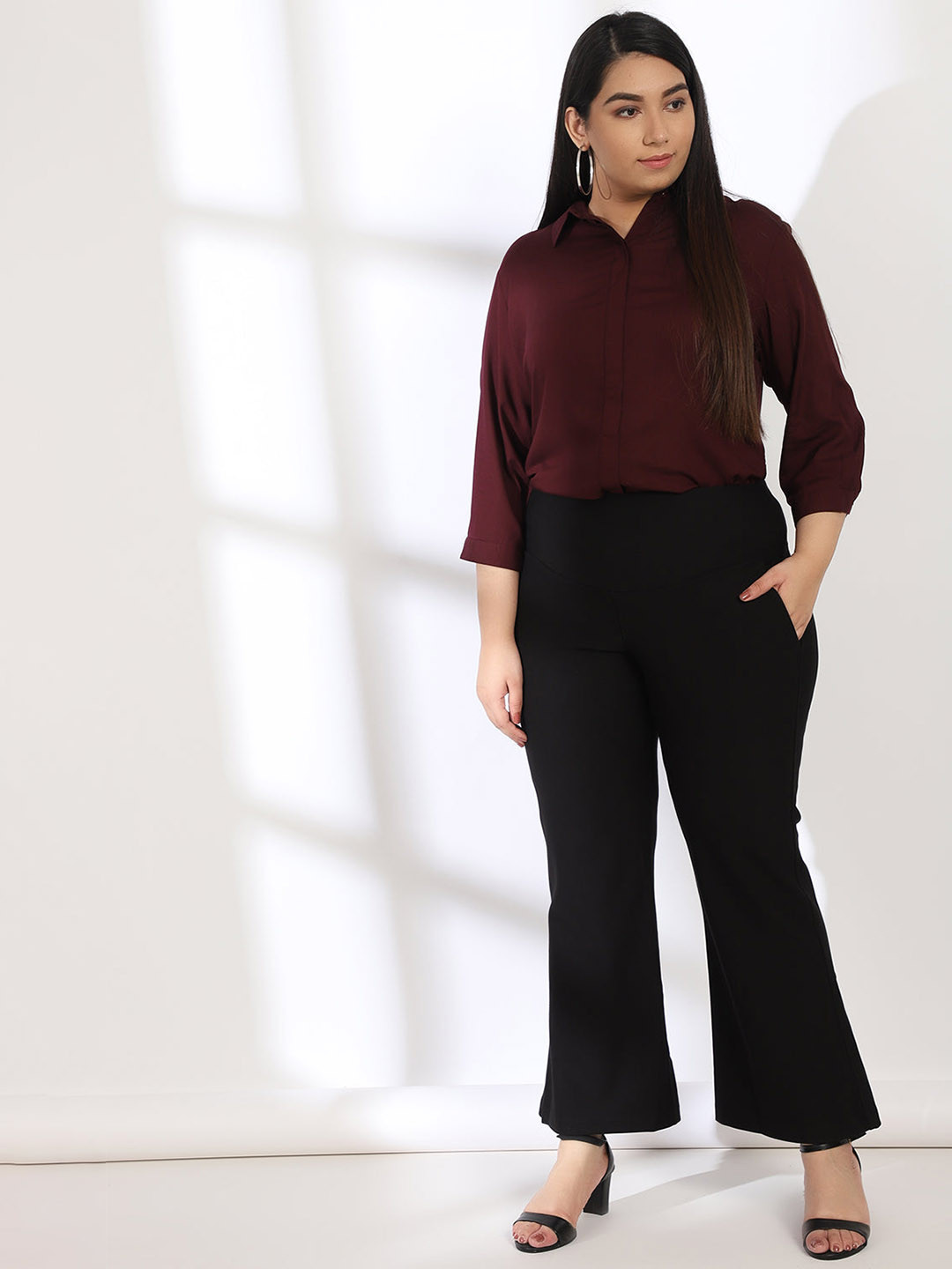 Amydus Women Plus Size Maroon Solid Shirt Style Top