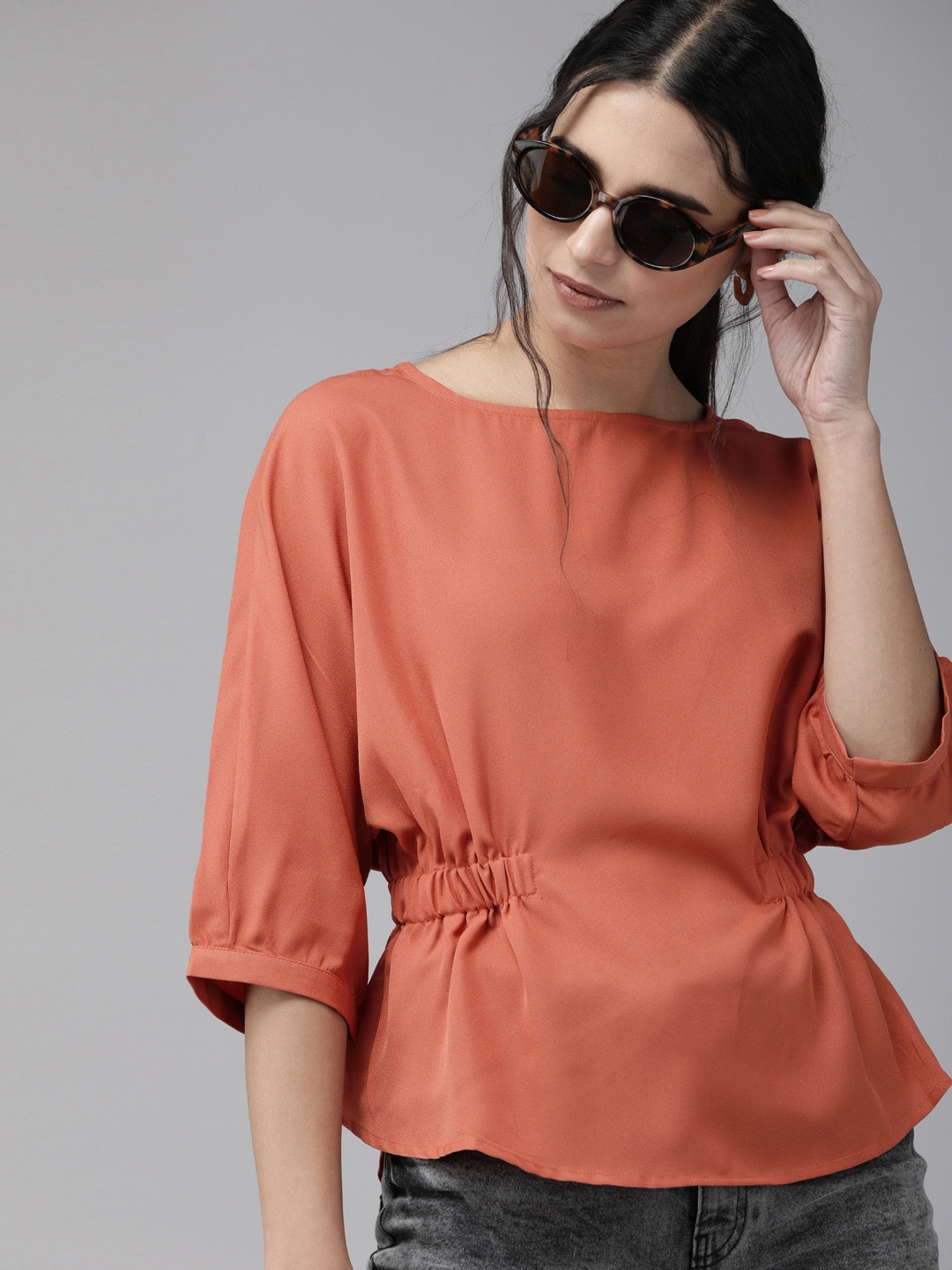 Roadster Orange Batwing Sleeves Styled Back Top