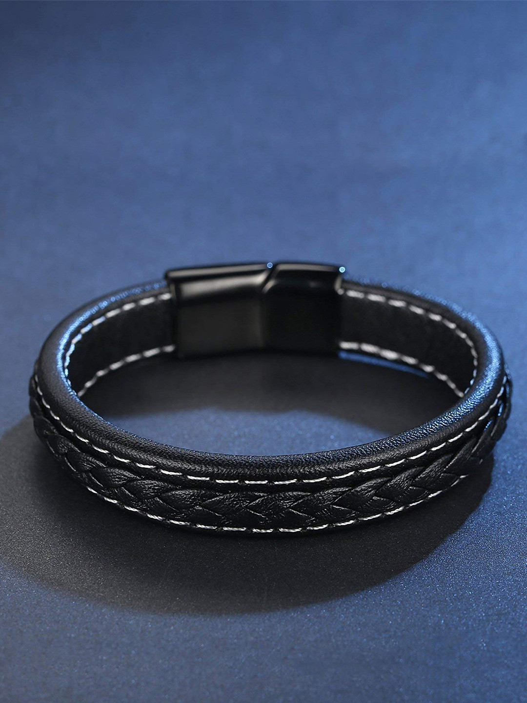 Yellow Chimes Men Black Leather Wraparound Bracelet