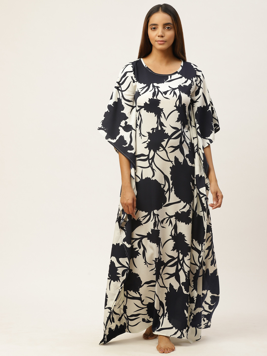 Cottinfab Black & Off-White Floral  Print Kaftan Maxi Nightdress