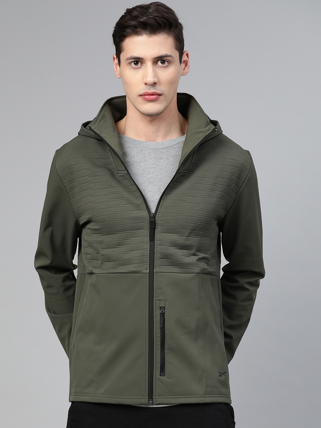 Reebok Men Olive Green Self Design Supply Thermmowarm Control Hood Training Sweatshirt
