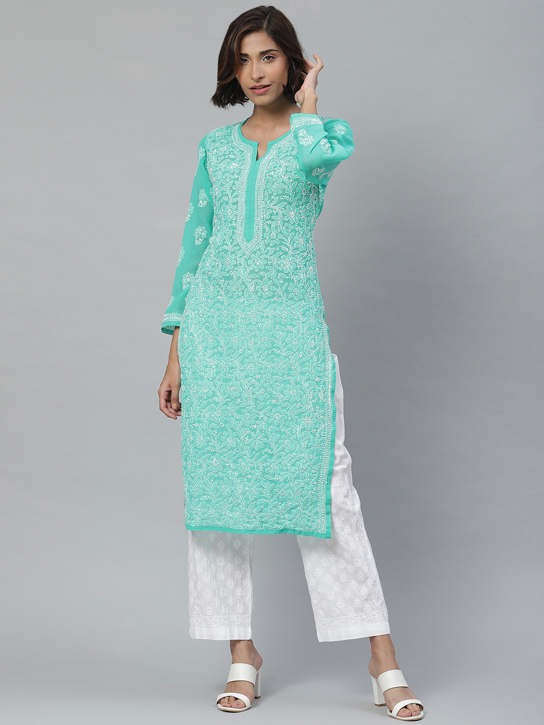 ADA Women Sea Green & White Chikankari Embroidered Sustainable Handloom Kurta with Palazzos