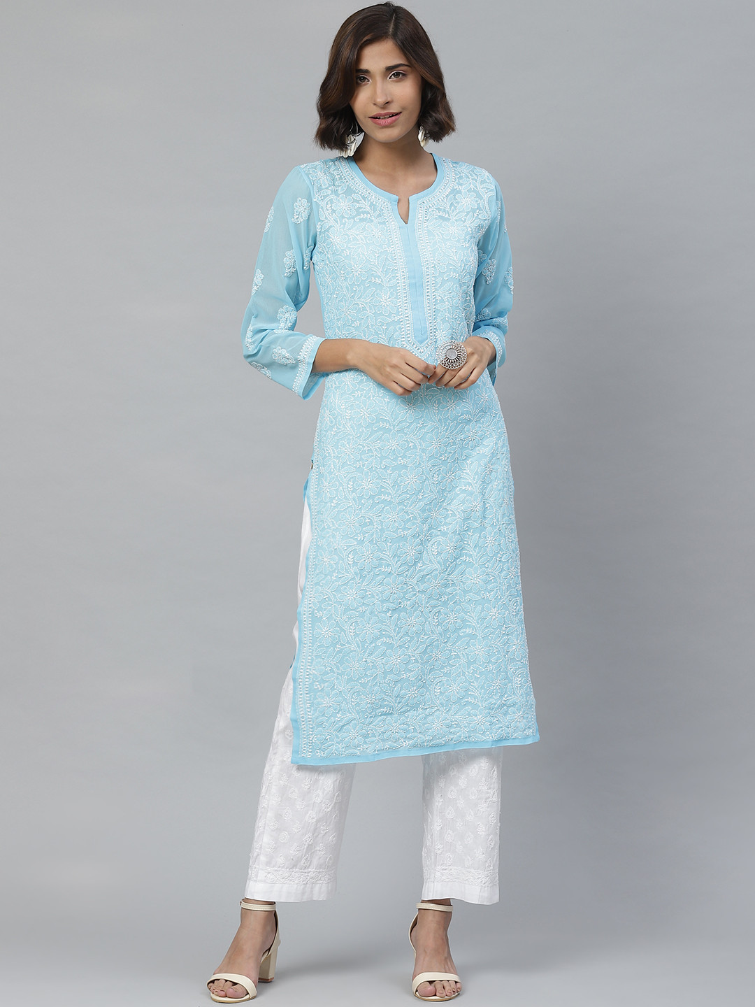 ADA Women Blue & White Chikankari Floral Embroidered Sustainable Handloom Kurta with Palazzos