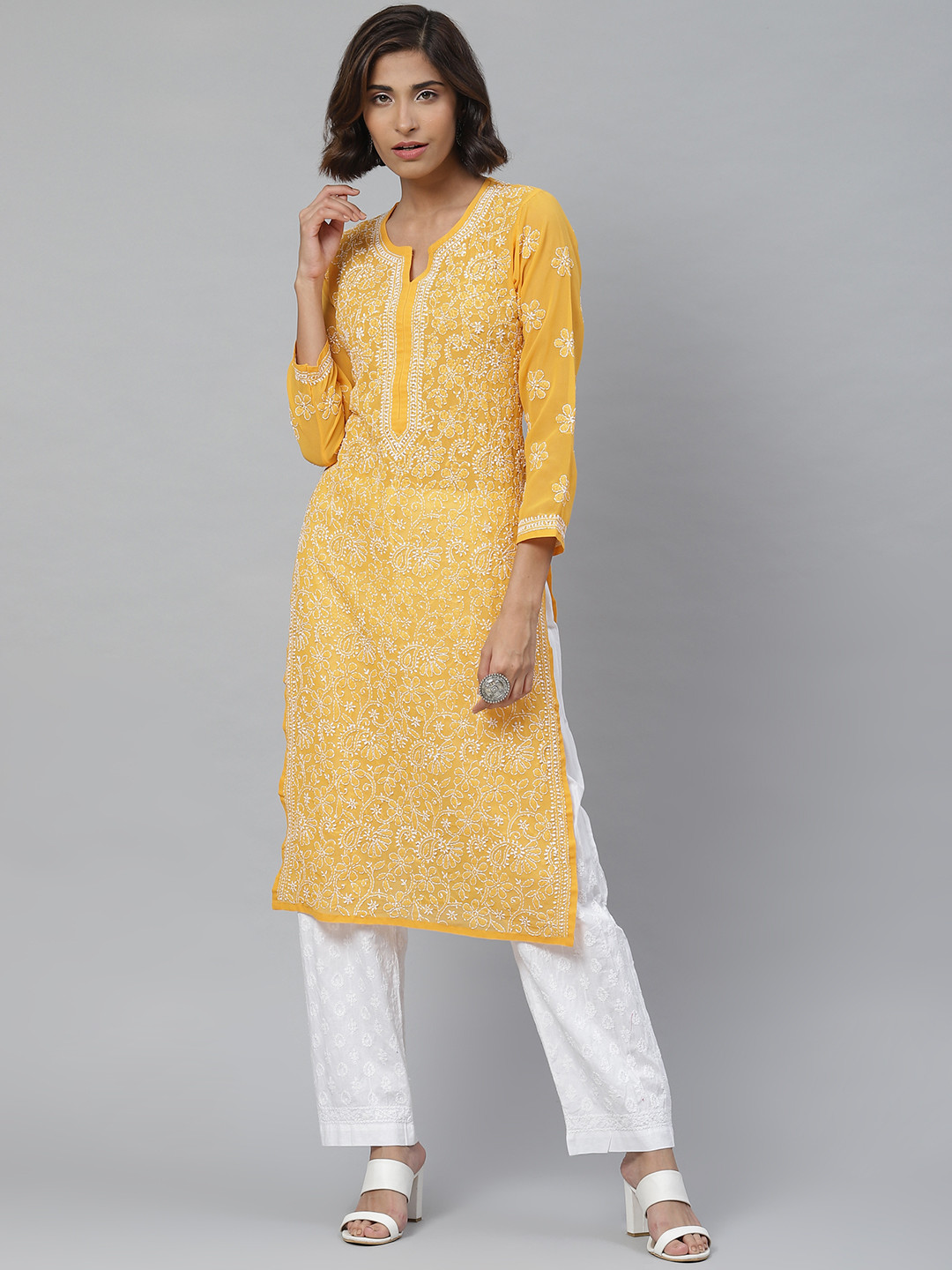 ADA Women Mustard Yellow & White Chikankari Embroidered Sustainable Handloom Kurta with Palazzos