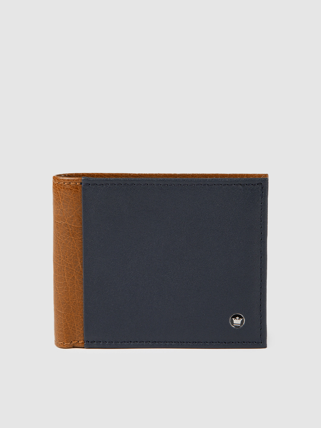 Louis Philippe Men Navy Blue & Tan Brown Colourblocked Two Fold Leather Wallet