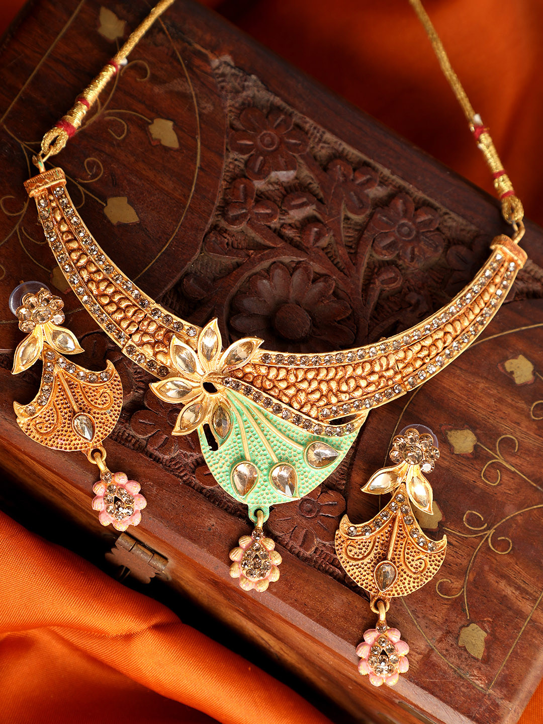 ANIKAS CREATION Gold-Plated Sea-Green & Beige Stone-Studded Enamelled Sustainable Jewellery Set