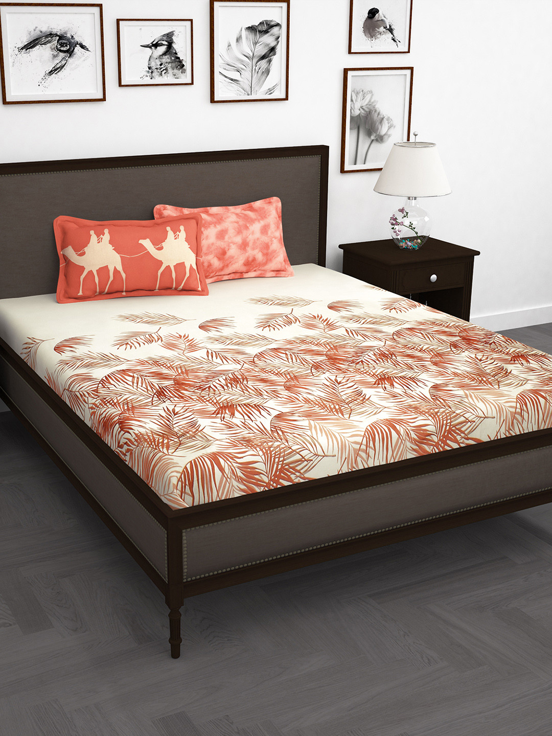 Story@home Reactive Print White Graphic Cotton 210 TC King Superfine Bedsheet with 2 Pillow Covers-108 x 108 inches