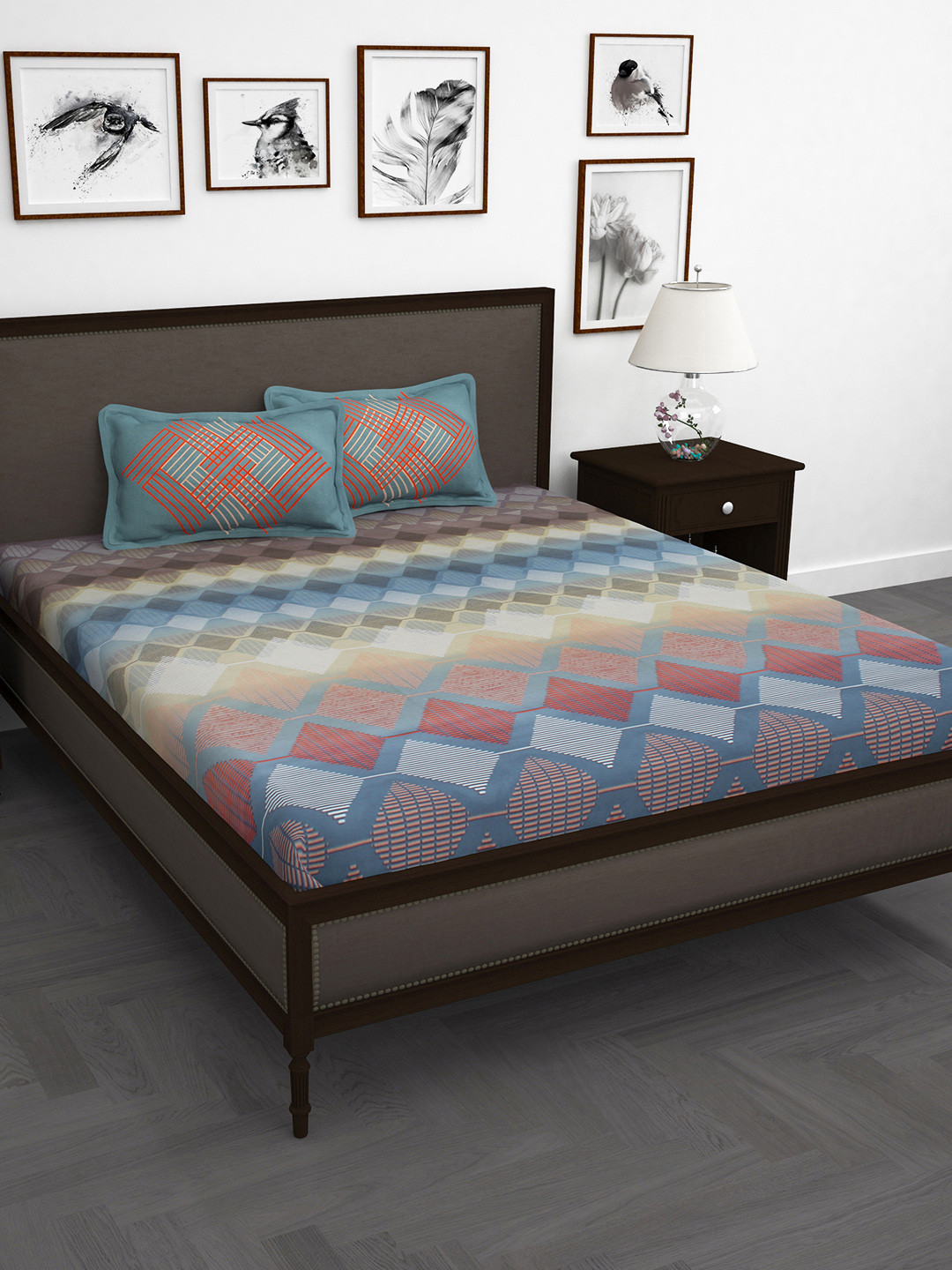 Story@home Blue Geometric Cotton 240 TC King Superfine Bedsheet with 2 Pillow Covers-275 x 275 cm