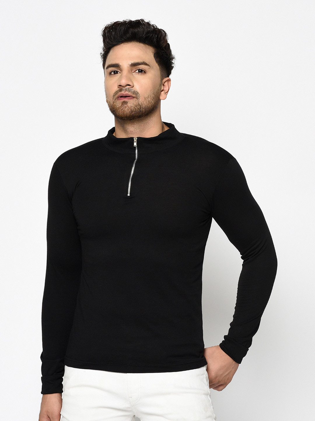 Rigo Black Solid High Neck Slim Fit T-shirt