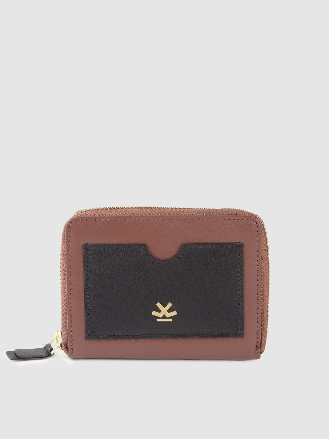 WROGN Men Brown & Black Colourblocked Leather Zip Around Wallet
