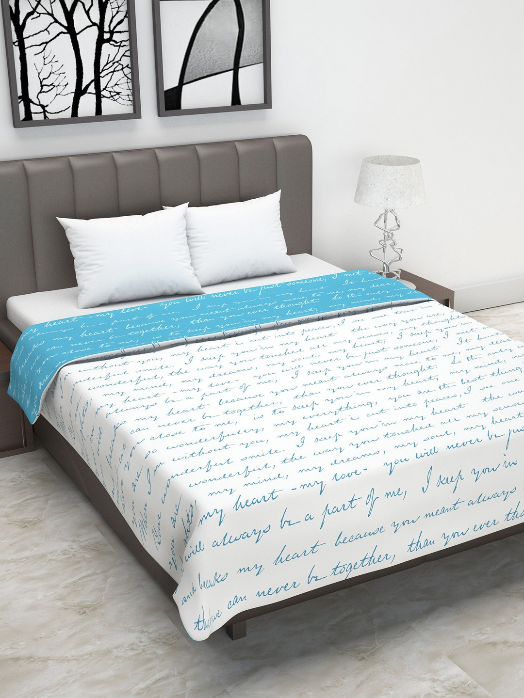 Divine Casa White & Blue Abstract AC Room 110 GSM Double Bed Dohar