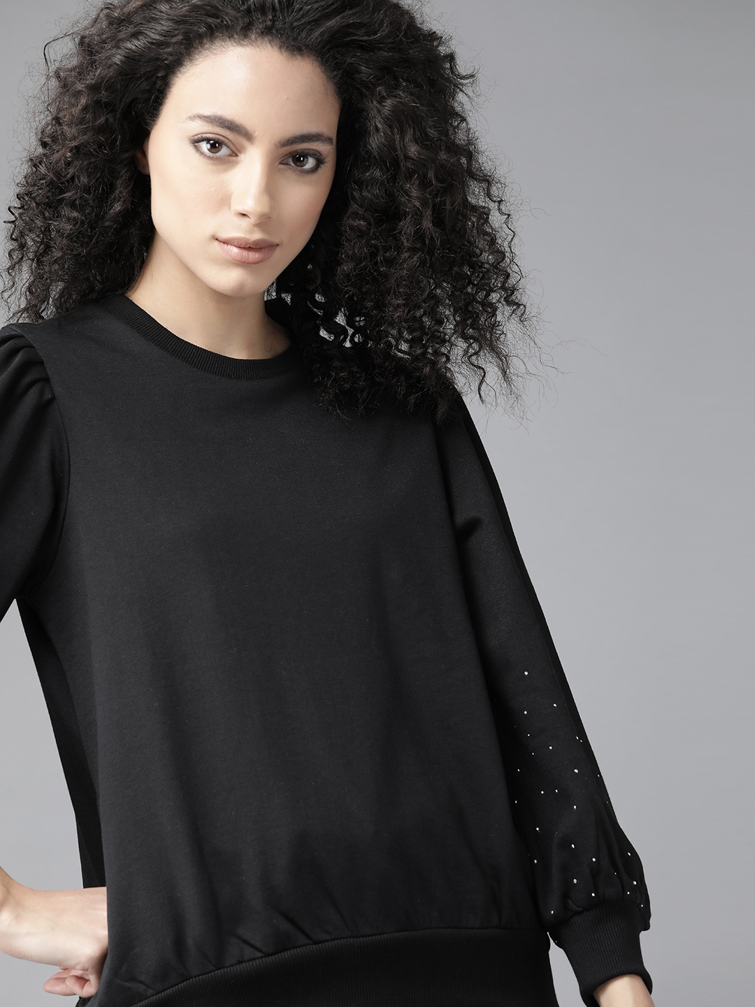 Roadster Women Black Solid Puff Sleeves Sweatshirt