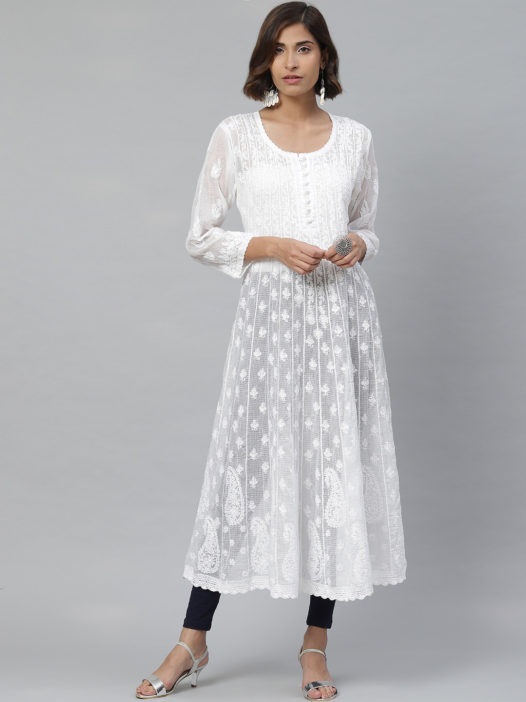 ADA Women White Chikankari Embroidered Anarkali Sustainable Kota Handloom Kurta
