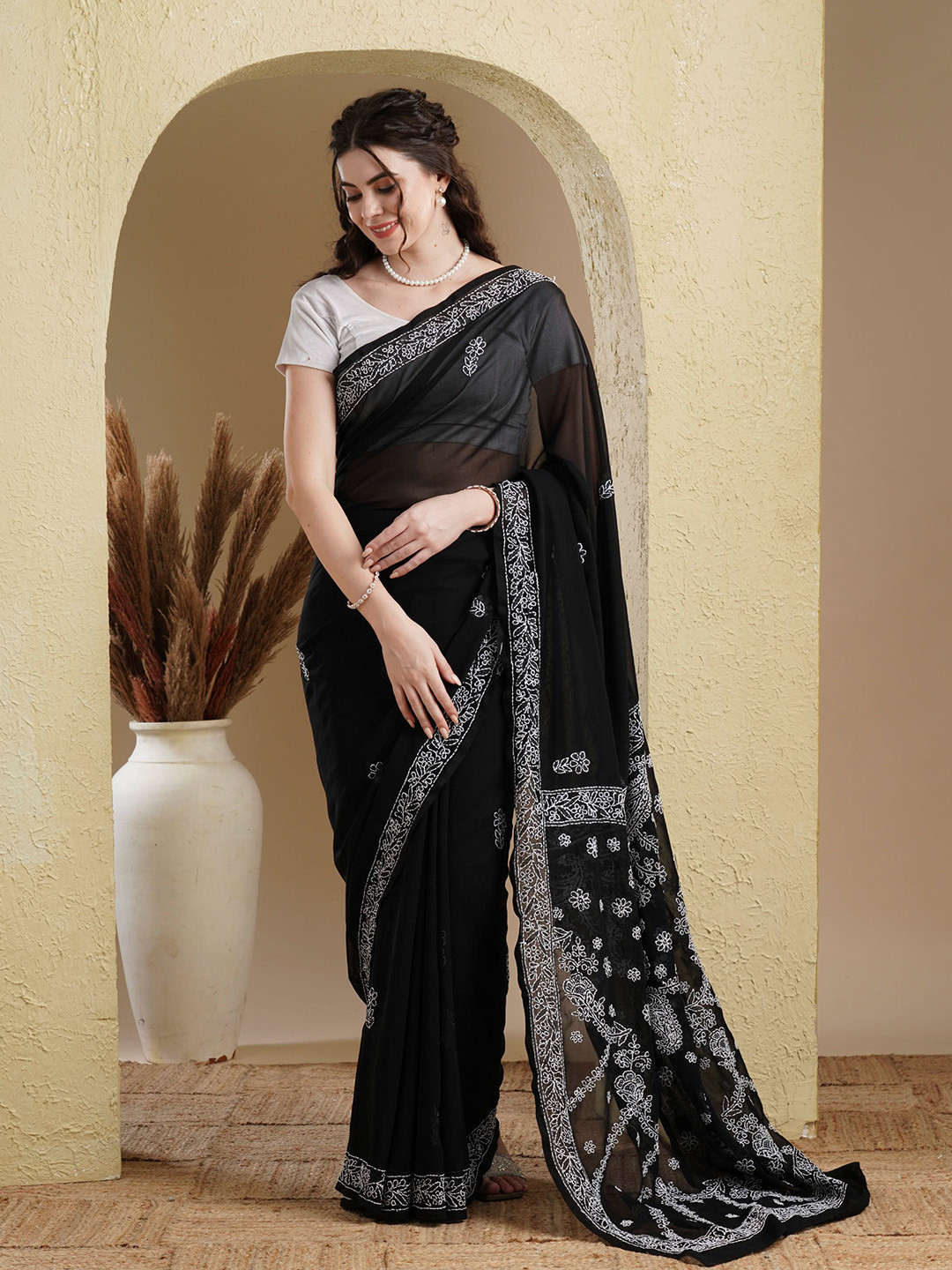 ADA Black & White Poly Georgette Chikankari Work Embroidered Saree