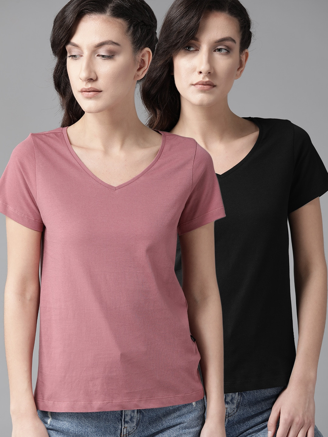 Roadster Women Pack Of 2 V-Neck Cotton  Cotton T-shirts