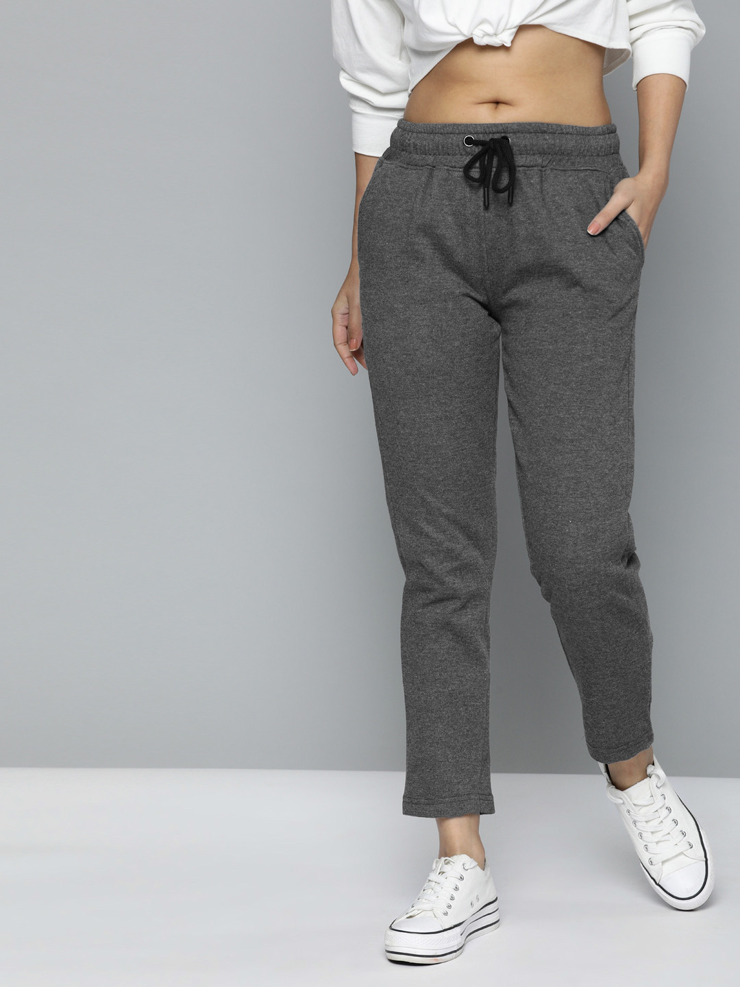 Harvard Women Charcoal Grey Solid Cropped Track Pants