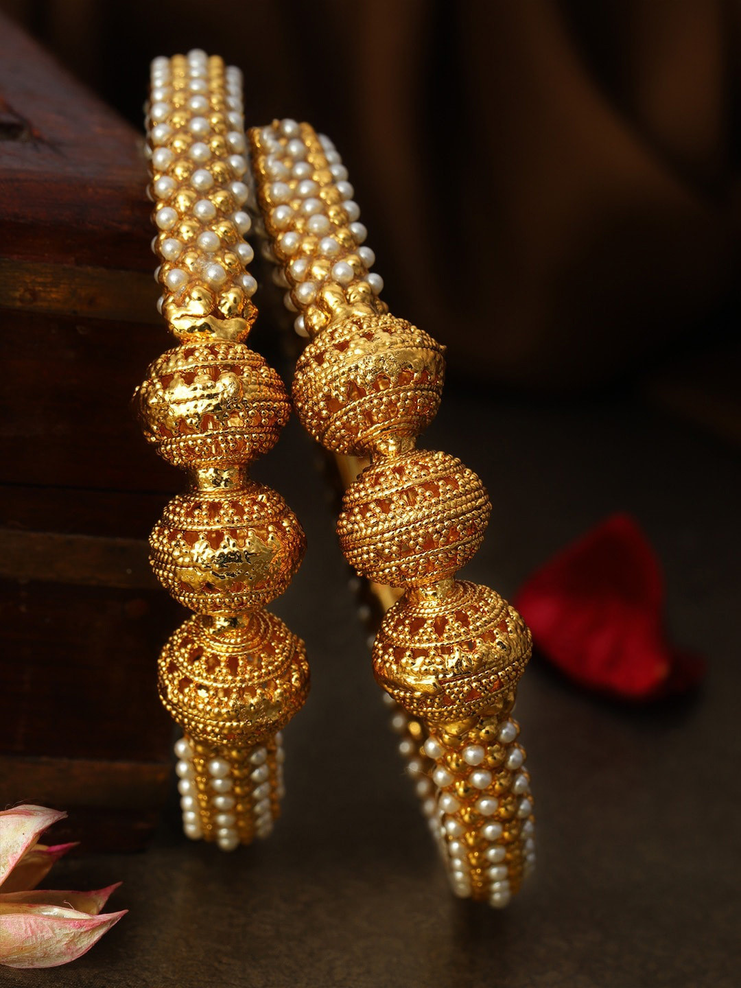 Rubans Set of 2 Gold Plated White Pearl Studded Traditional Handcrafted Bangles