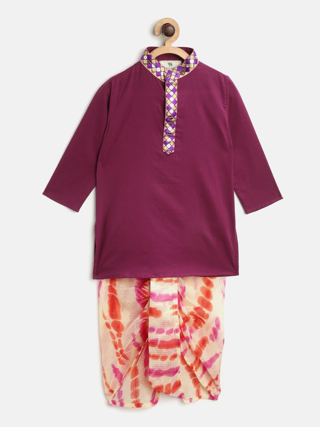 Cute Couture Boys Purple & Off-White Embroidered Kurta with Dhoti Pants