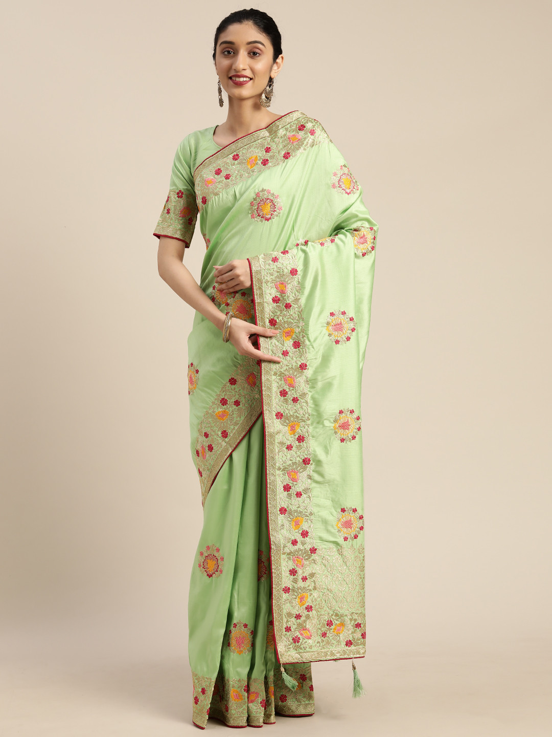 Om Shantam Sarees Sea Green & Pink Silk Blend Embroidered Banarasi Saree