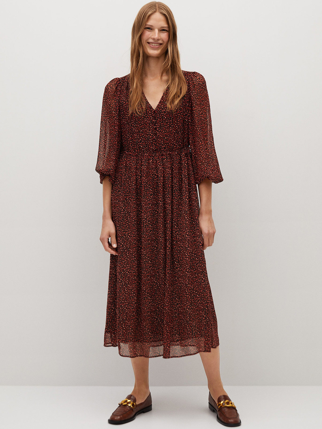 MANGO Women Black & Maroon Leopard Print Midi A-Line Dress