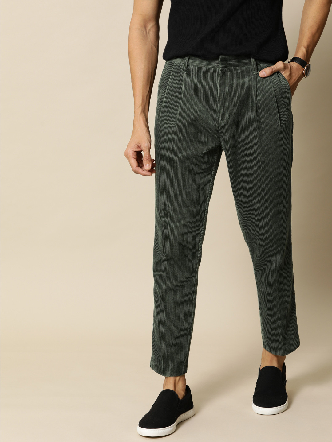 Mr Bowerbird Men Olive Green Tailored Fit Self-Striped Cropped Corduroy Regular Trousers