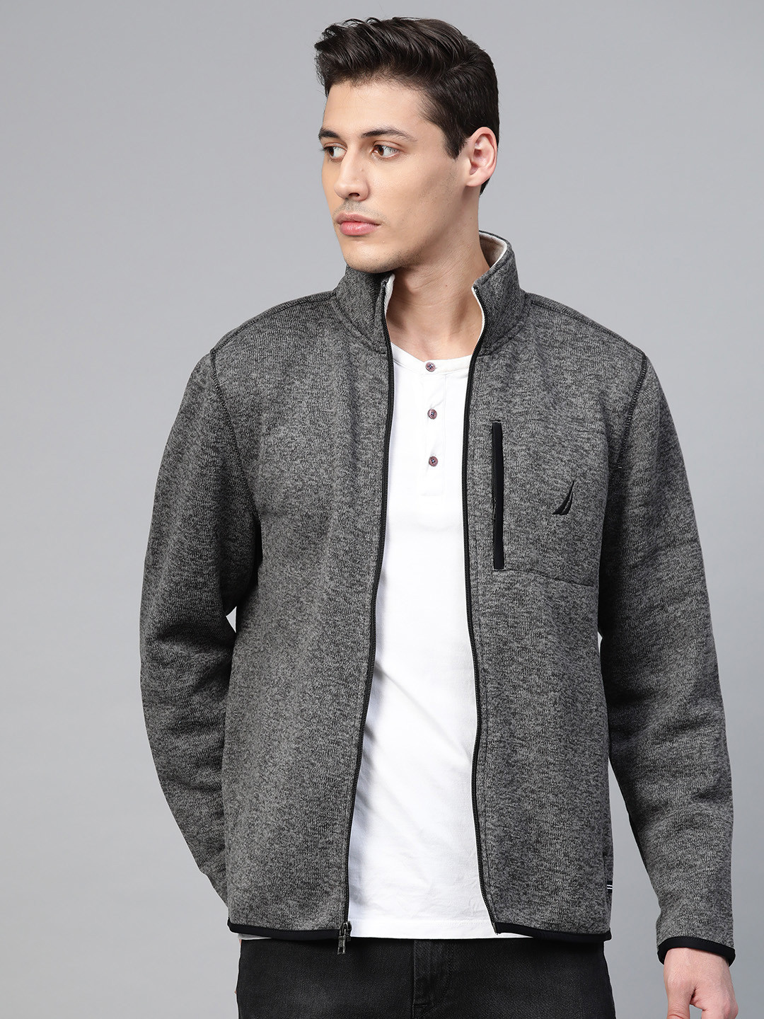 Nautica Men Charcoal Grey Solid Sweatshirt