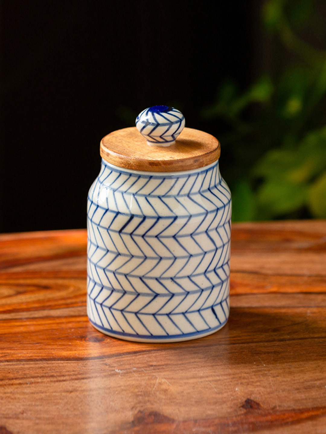 ExclusiveLane Indigo Chevron Hand-Painted Ceramic Kitchen Storage Jars & Container -470 ml