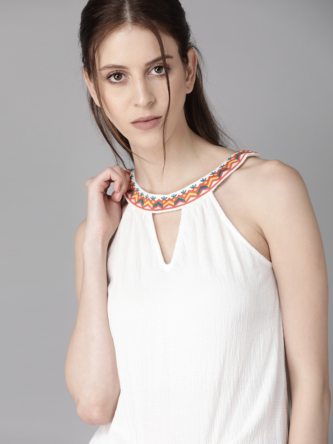 Roadster Women White Solid Styled Back Top with Embroidered Neckline
