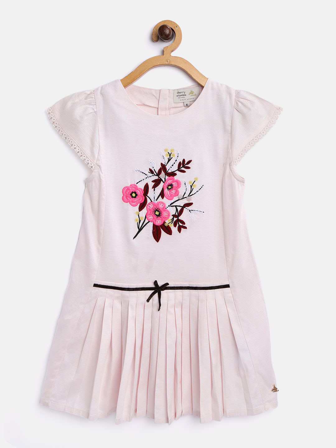 Cherry Crumble Girls Light Pink Floral Embroidered Pleated Drop-Waist Dress