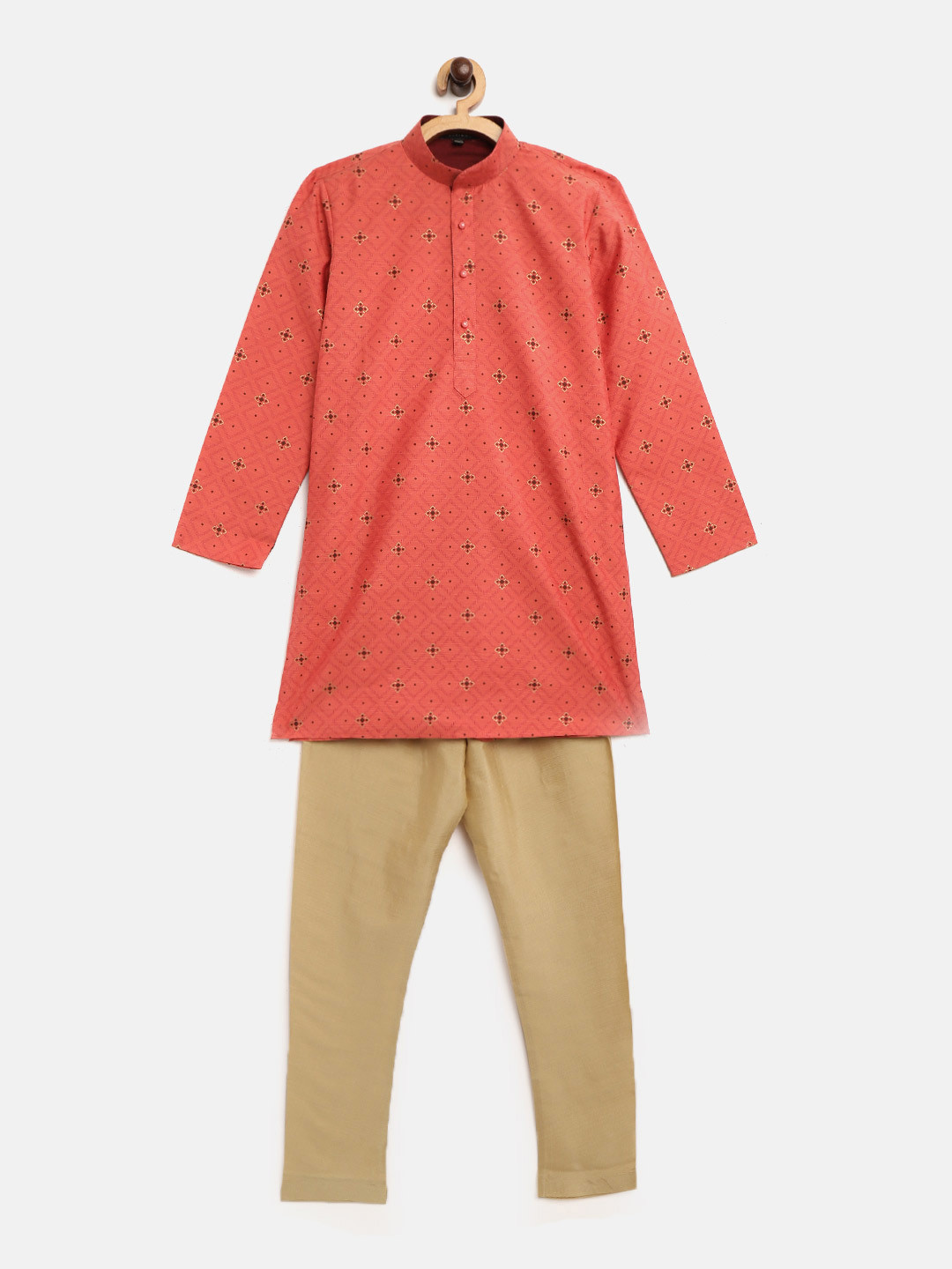 Readiprint Boys Rust & Maroon Ethnic Motifs Print Straight Kurta with Pyjama