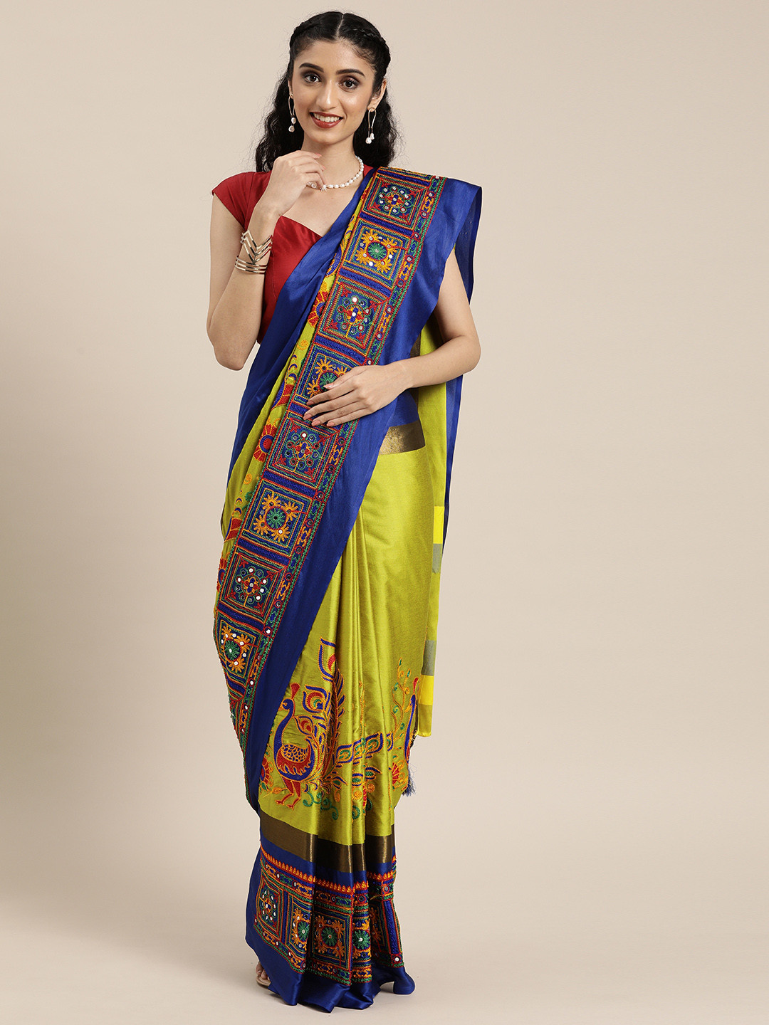 Mitera Yellow & Navy Blue Silk Cotton Embroidered Saree