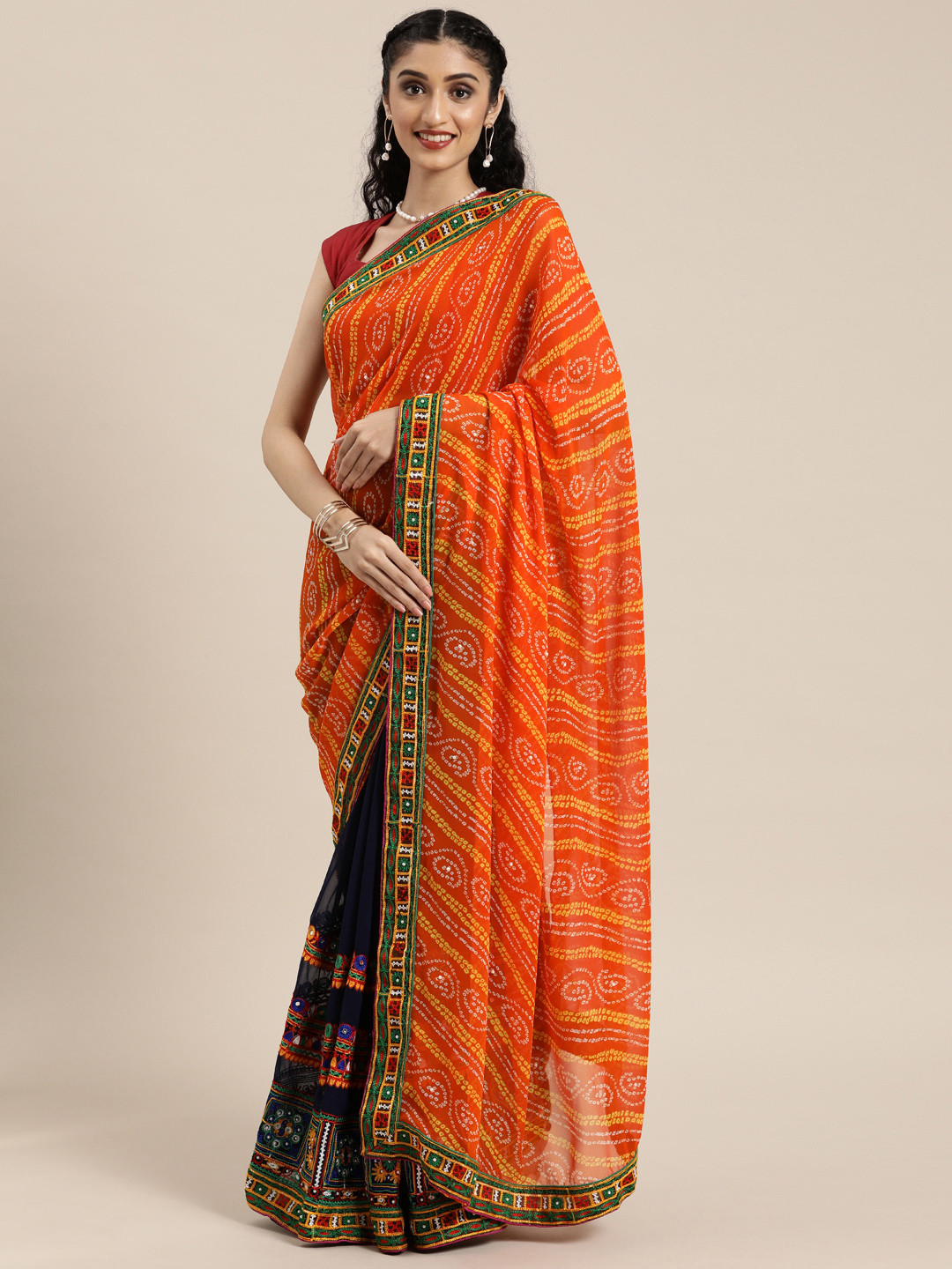 Mitera Orange & Navy Blue Pure Georgette Printed Bandhani Saree With Kutchi Embroidery
